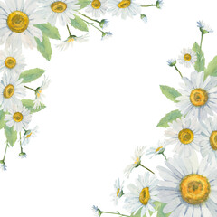 Fototapeta premium Corner frame of daisies painted with watercolors. Hand-painted with watercolors. Ideal for wedding invitations, greeting cards, business cards.