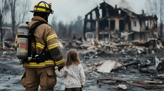 Firefighter comforts child near burned house; devastation in background; stock photo for news, insurance, or social services