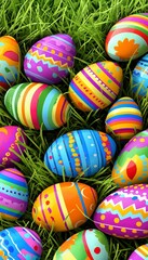 Obraz premium Colorful Easter Eggs on Lush Green Grass Background