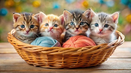Four adorable kittens curled up together in a wicker basket filled with soft toys and colorful threads , soft toys, furry friends
