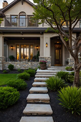 Luxury Home Exterior: Modern Stone Facade, Landscaped Garden, and Grand Entrance