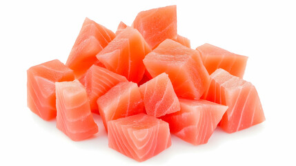 Fresh salmon cubes, isolated on white background, perfect for cooking recipes, food blogs, and restaurant menus