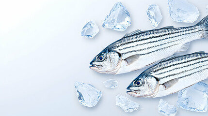 Fresh striped bass on ice, food photography, white background, website banner