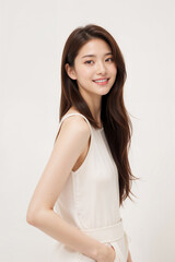 A woman with long hair is wearing a white dress and smiling