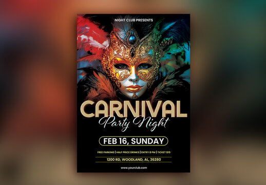 Editable Carnival Party Flyer or Poster Template, with Event Details in Black Color.
