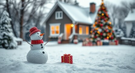 Obraz premium Snowman on a snowy adorned with a festive Christmas red scarf and hat stands in a snowy winter scene, 