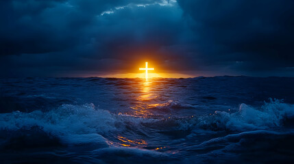 Glowing cross sunset ocean waves hope faith