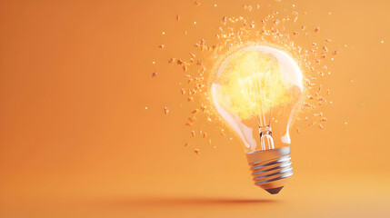 Glowing lightbulb with sparks, orange background; idea concept for innovation
