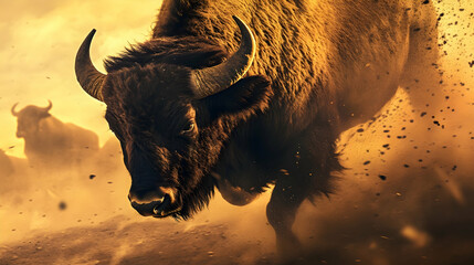 Charging bison on dusty plain at sunset showcasing power and strength