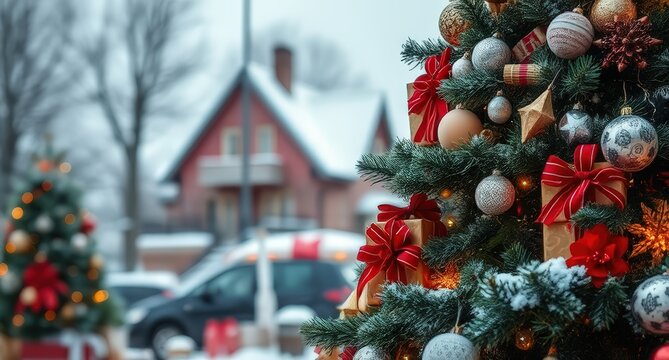 Snowman on a snowy adorned with a festive Christmas red scarf and hat stands in a snowy winter scene, 