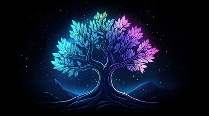 Glowing tree, night landscape, digital art, mystical background, website design