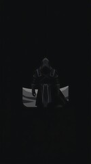 A mysterious figure stands in shadows, cloaked in darkness.


