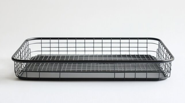 A black metal tray with a mesh design sits on a white background