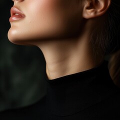 Fototapeta premium Woman wearing a black shirt and earrings posing against a neutral background