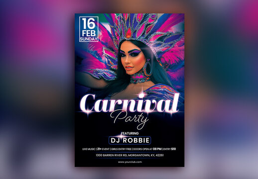 Editable Carnival Party Flyer or Poster Template, with Female Samba Dancer for Advertising.