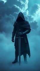Shadowy figure holds sword amidst swirling clouds.

