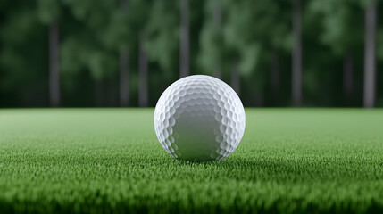 Golf ball on green, forest background;  sports imagery for website or advertisement