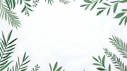 Green leaves frame on white background; nature border design for invitation, website, or social media post