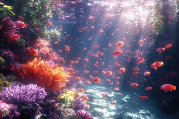 Fototapeta premium Vibrant Coral Reef With Numerous Orange Fish Swimming