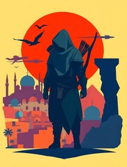 Silhouette of archer against vibrant sunset backdrop.

