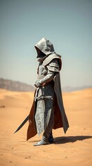 Geometric armored figure stands alone in desert landscape.

