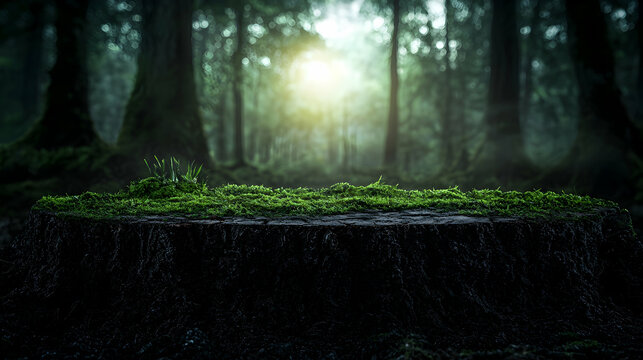 Mossy tree stump in dark forest; sunlight background