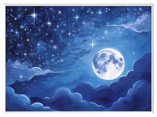 Celestial blue night sky wallpaper featuring a radiant moon and dreamy stars.