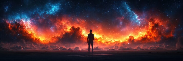 Fototapeta premium Person standing quietly against a breathtaking cosmic backdrop of vibrant colors
