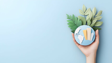Hand holding paper globe with leaves, sustainability concept, blue background, environmental awareness campaign