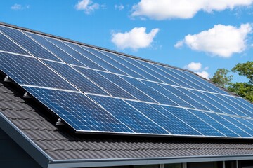 Fototapeta premium Solar panels enhance energy efficiency on a modern home roof in bright daylight