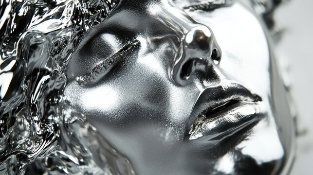 Woman with silver face and hair posing in an artistic setting showcasing creativity and uniqueness