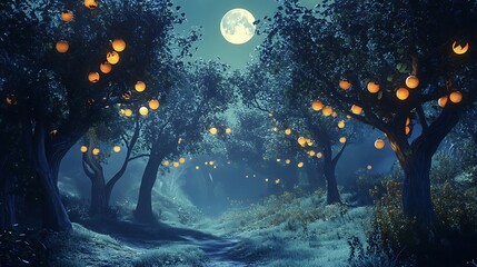 Path with lanterns in trees under moon, evening