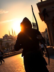 Archer silhouetted against sunset in bustling urban environment.


