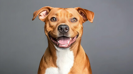 Happy brown dog portrait, studio shot, gray background, pet adoption