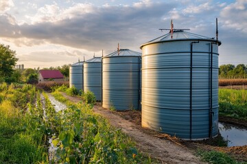 Obraz premium Tanks for collecting rainwater on a farm during a sunny afternoon