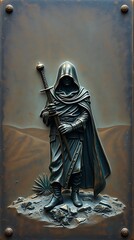 Bronze relief of a cloaked warrior holding a sword.

