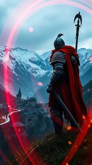 A knight in armor overlooks a snowy mountain village.

