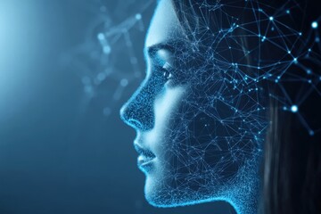 Human Profile with Digital Wireframe and Neural Network Visualization
