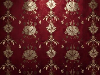 Deep red background with intricate gold floral patterns, exuding luxury and elegance.