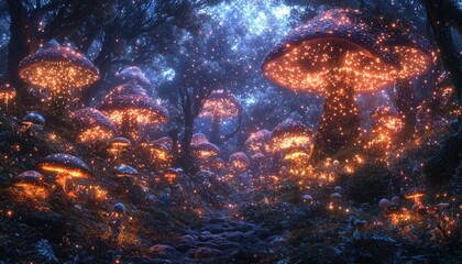 Fototapeta premium Glowing Mushrooms Illuminate Enchanted Forest Path