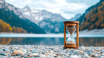 Hourglass on lake shore, mountains background; time passing concept; ideal for meditation, relaxation, or time management themes