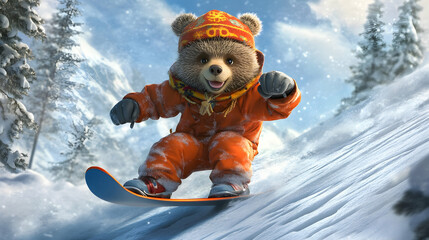 Adorable bear snowboarding down snowy mountain slope, winter wonderland scene.