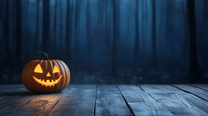 Jack-o'-lantern on wooden planks, spooky forest background; Halloween greeting card