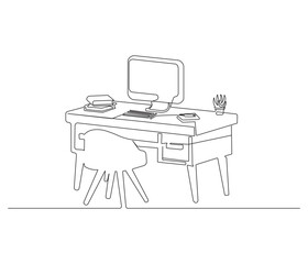 Home office interior in one continuous line drawing. Working area for business or freelance in simple linear style. Editable outline illustration