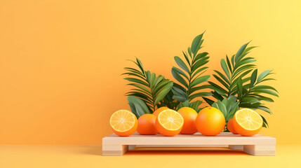 Juicy oranges and palm leaves on wooden tray, yellow background, summer freshness, food and drink advertising