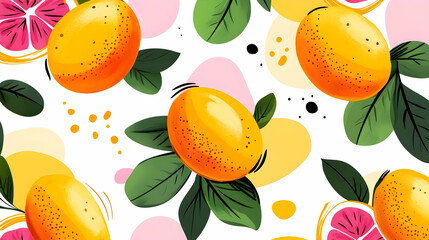 Juicy oranges and grapefruit slices pattern, vibrant colors, white background; ideal for food blogs or packaging