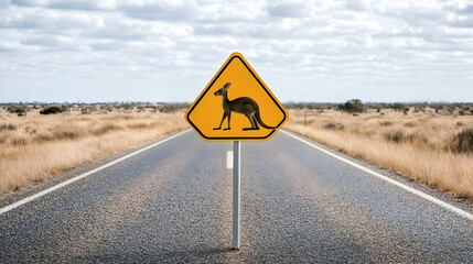 Kangaroo crossing sign on outback road, dry landscape background.  Safe driving, wildlife awareness