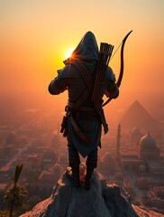 Archer overlooking a sunset with pyramids in view.

