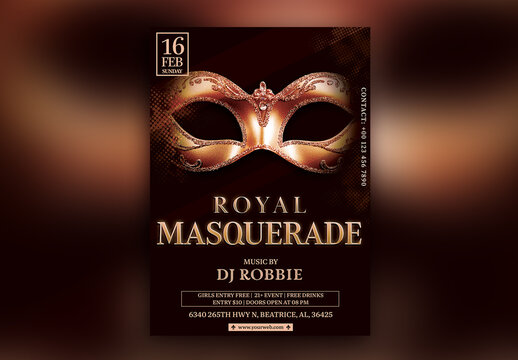 Editable Carnival Party Flyer or Poster Template, Royal Masquerade Party Flyer Design with Event Details in Black Color.