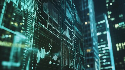 Futuristic data analysis interface overlaying a night cityscape in a teal hue